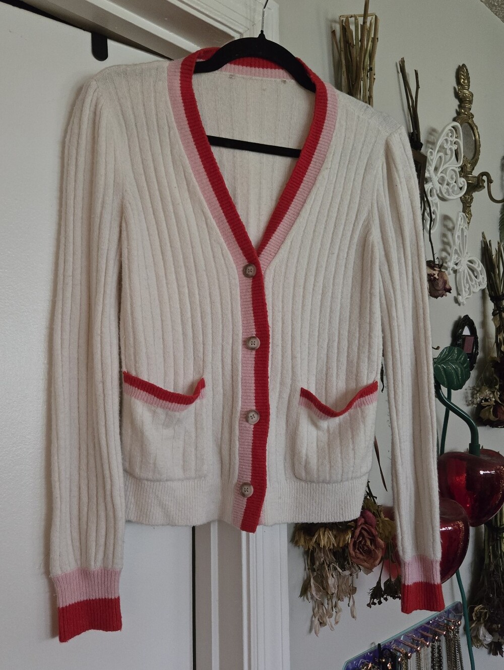 Preppy Ribbed White Red and Pink Accent Cardigan Sweater